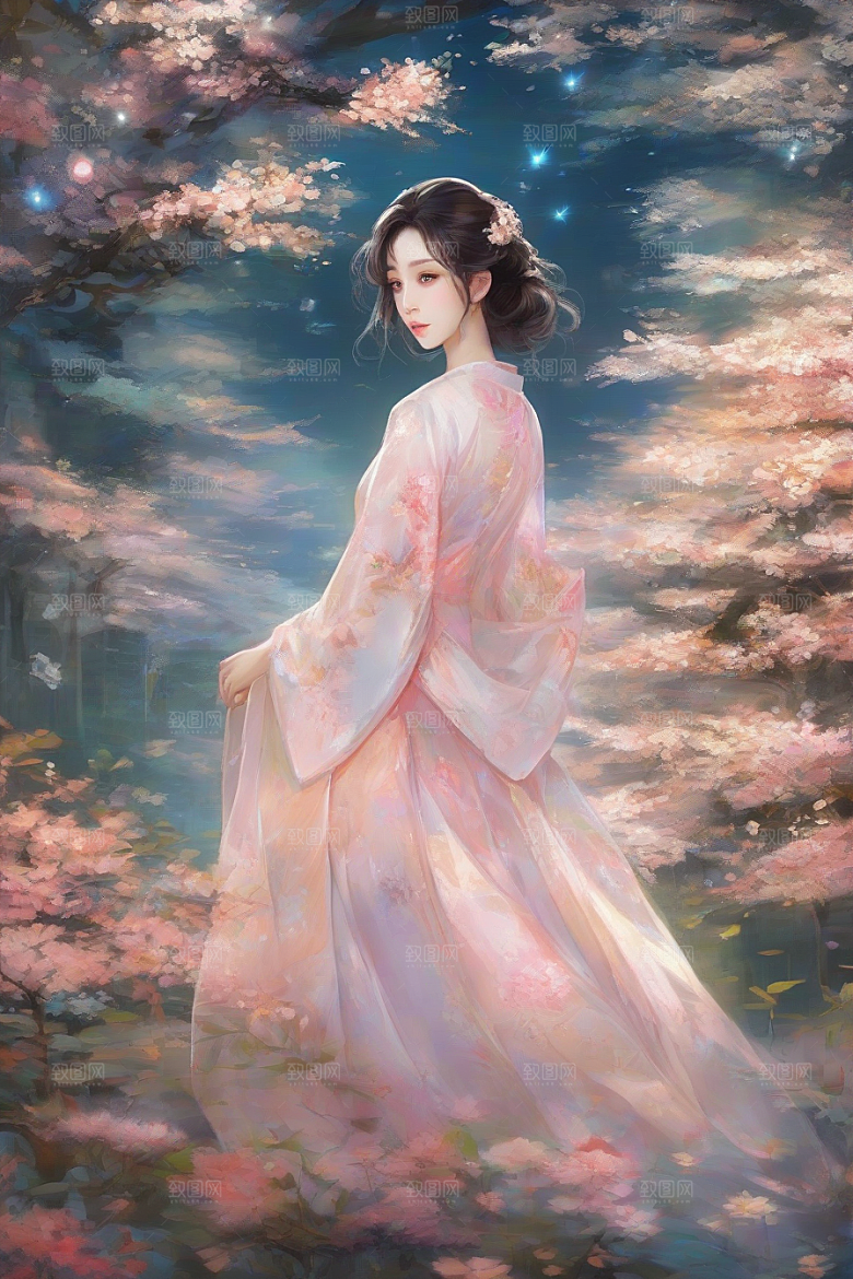 迷人少女独享绚丽背景的华美时刻