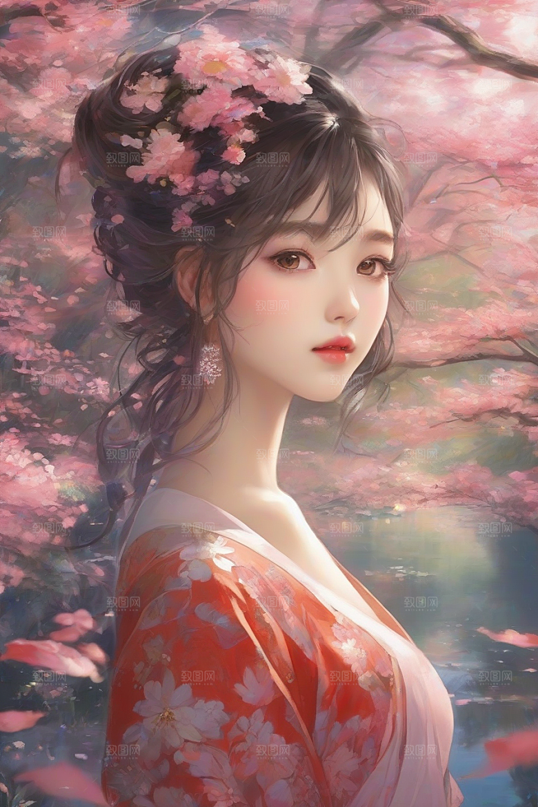 迷人少女独享绚丽背景的华美时刻