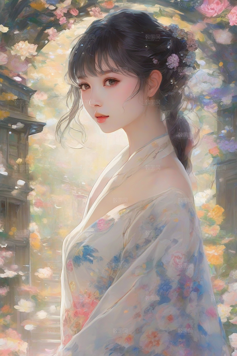 迷人少女独享绚丽背景的华美时刻