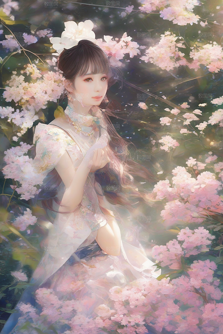 迷人少女独享绚丽背景的华美时刻