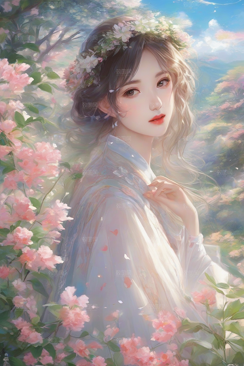 迷人少女独享绚丽背景的华美时刻