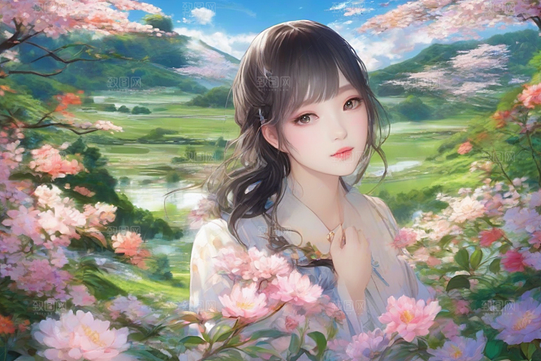 迷人少女独享绚丽背景的华美时刻