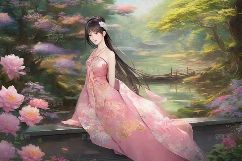 迷人少女独享绚丽背景的华美时刻