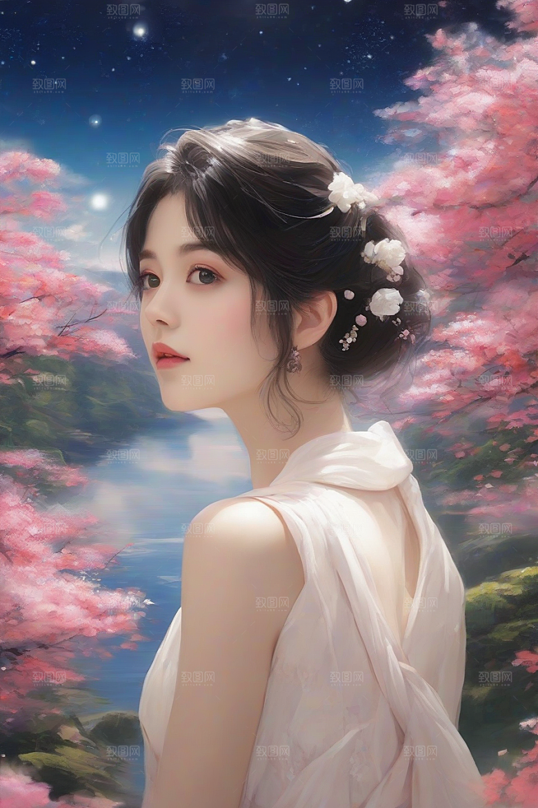 迷人少女独享绚丽背景的华美时刻
