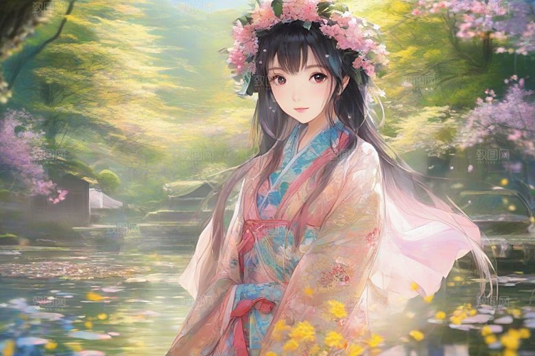 迷人少女独享绚丽背景的华美时刻