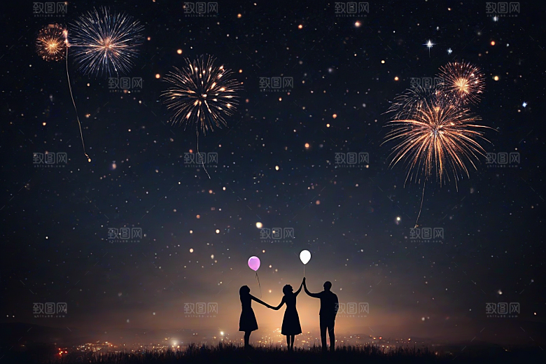 烟花绚烂夜空见证情侣爱情