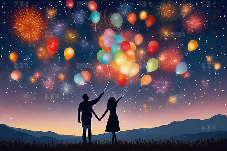 情侣眷恋烟花照亮浪漫夜空
