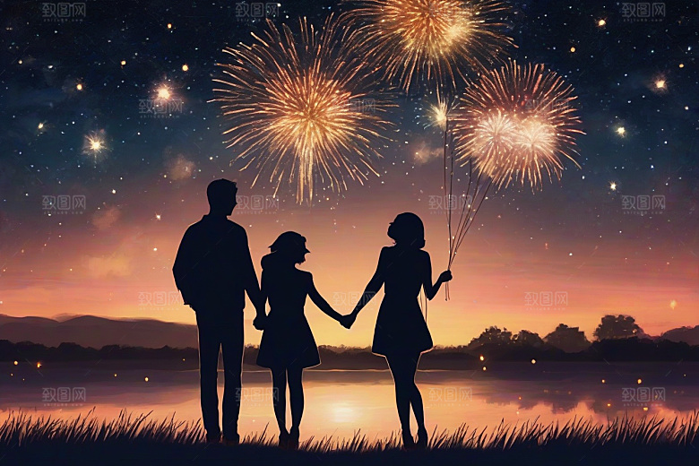 情侣眷恋烟花照亮浪漫夜空