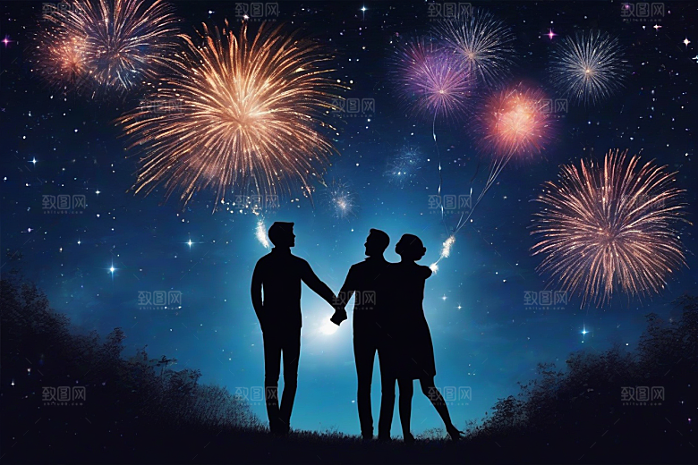 烟花灿烂情侣共度浪漫之夜