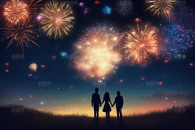 烟花灿烂情侣共度浪漫之夜