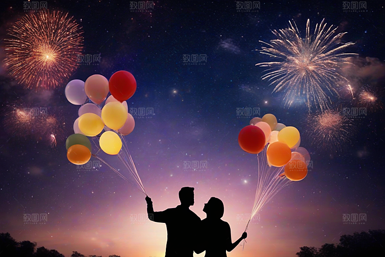 烟花灿烂情侣共度浪漫之夜