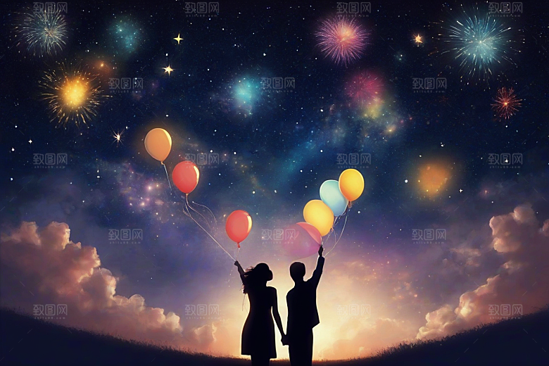 爱情之夜烟花点亮星空浪漫