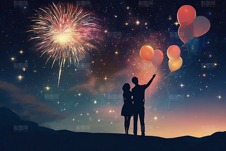 爱情之夜烟花点亮星空浪漫