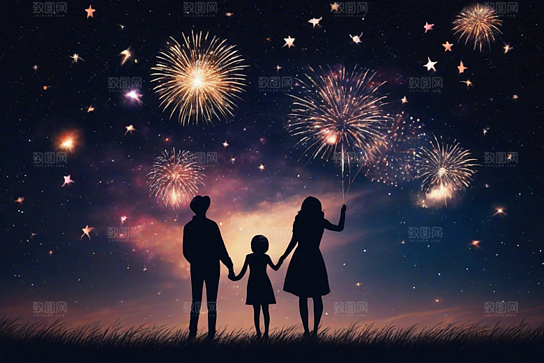 情侣共赏烟花美丽浪漫夜空