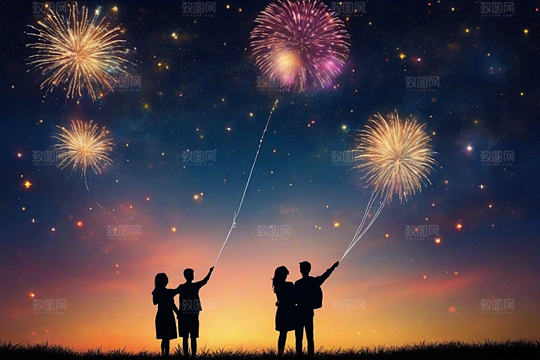 情侣共赏烟花美丽浪漫夜空