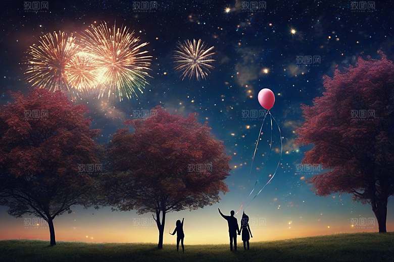 情侣共赏烟花美丽浪漫夜空