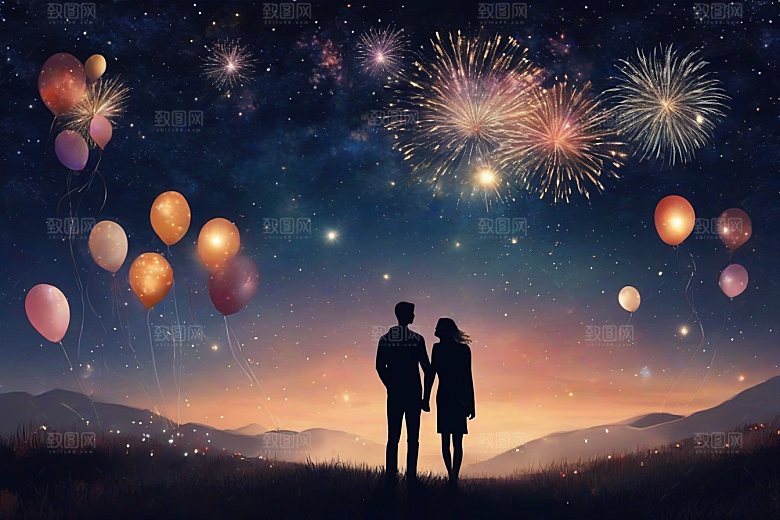 情侣共赏烟花美丽浪漫夜空