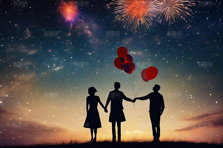 烟花绚丽夜空见证情侣爱情