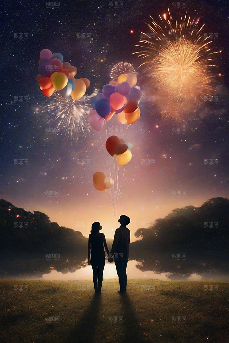 烟花绚丽夜空见证情侣爱情