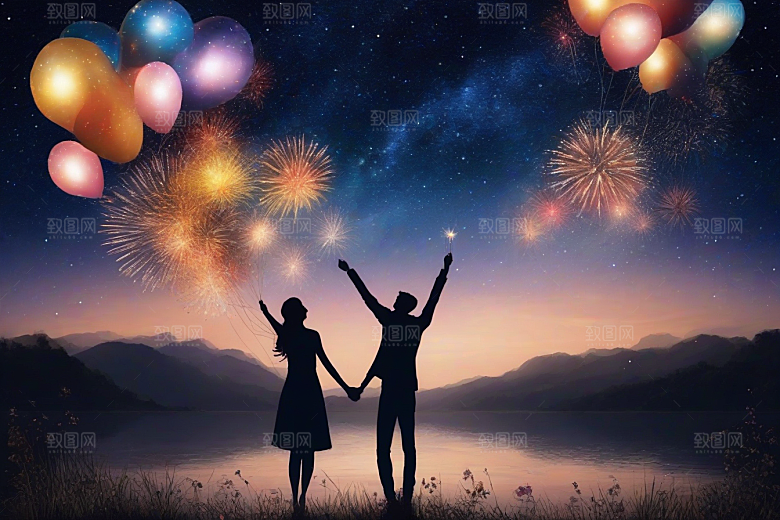 烟花绚丽夜空见证情侣爱情