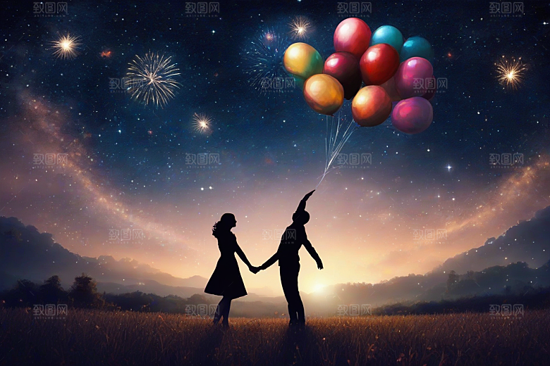 烟花绚丽夜空见证情侣爱情