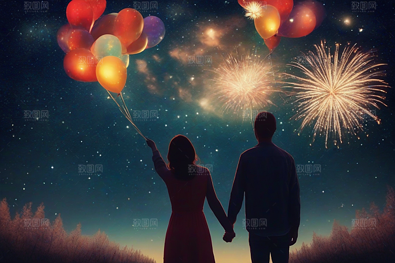 烟花绚丽夜空见证情侣爱情