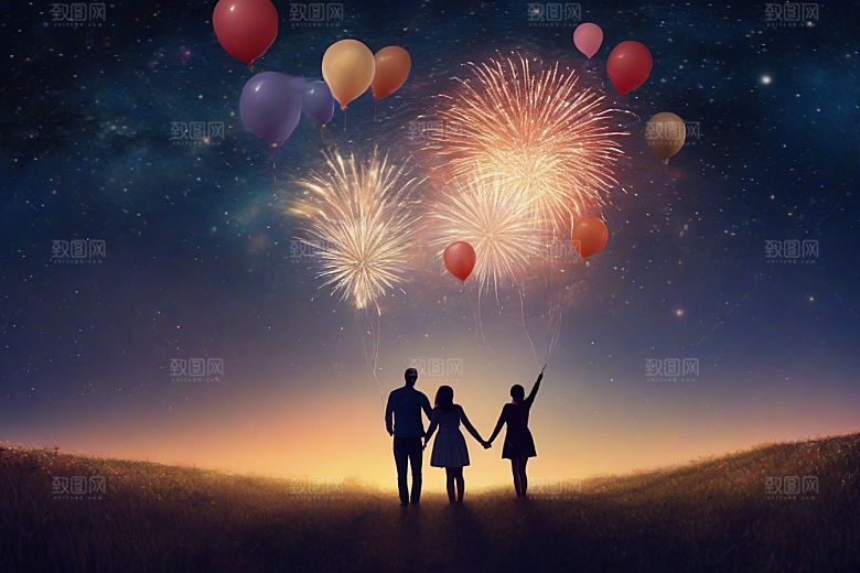 烟花绚丽夜空见证情侣爱情