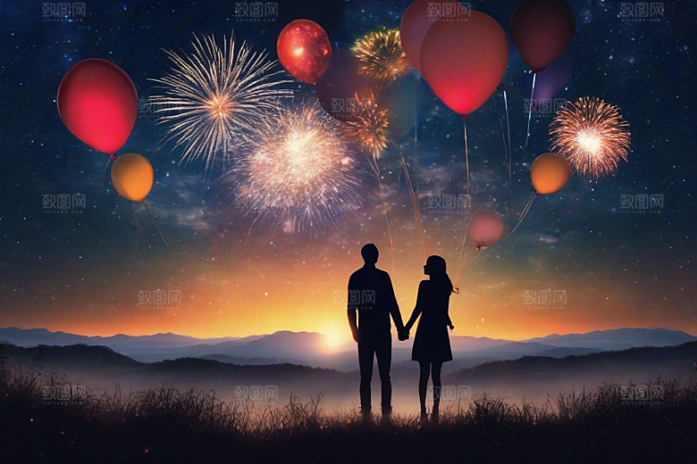 甜蜜夜晚烟花为情侣绽放