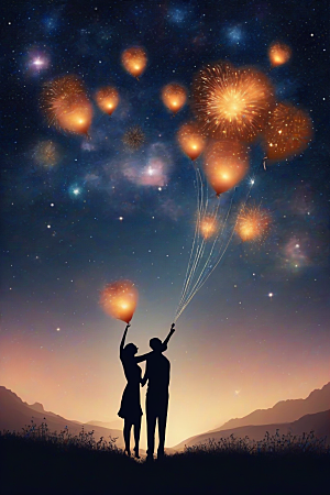 甜蜜夜晚烟花为情侣绽放
