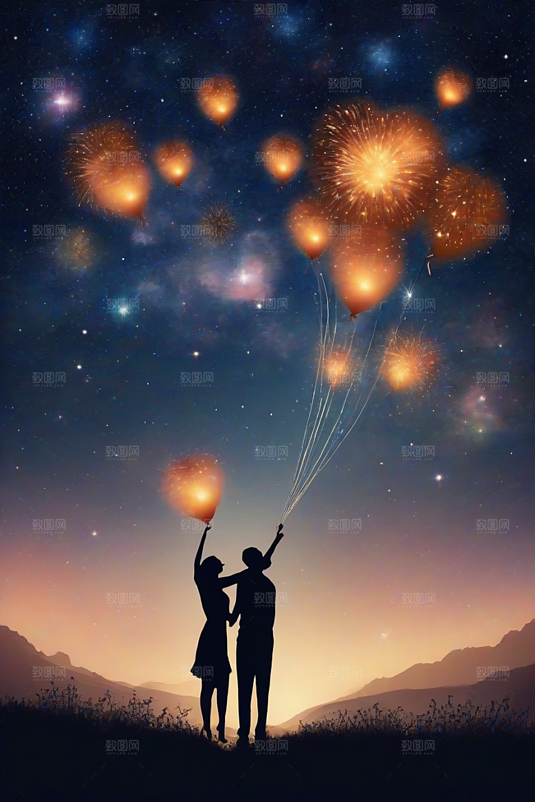 甜蜜夜晚烟花为情侣绽放