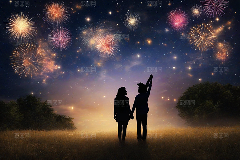 甜蜜夜晚烟花为情侣绽放