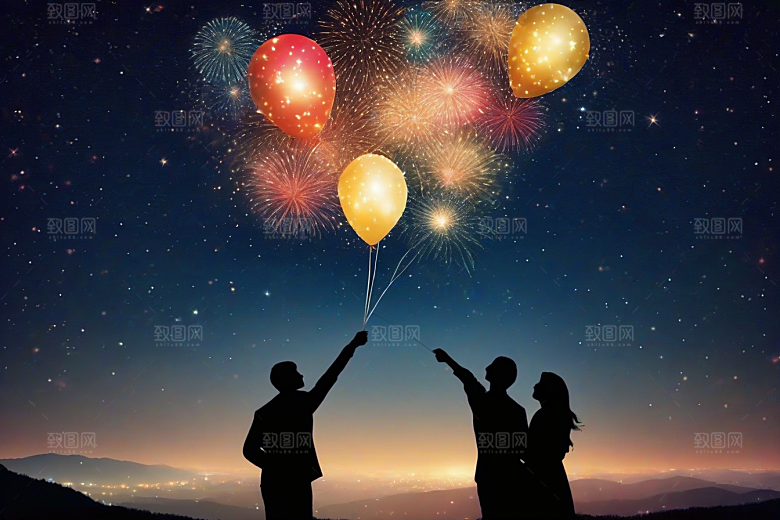 甜蜜夜晚烟花为情侣绽放