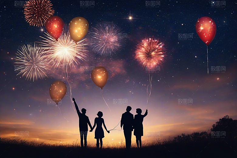 甜蜜夜晚烟花为情侣绽放