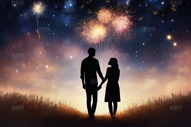 烟花灿烂浪漫夜空见证爱情