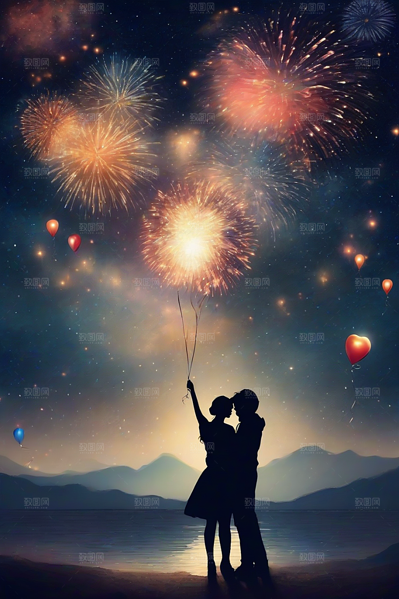 烟花灿烂浪漫夜空见证爱情