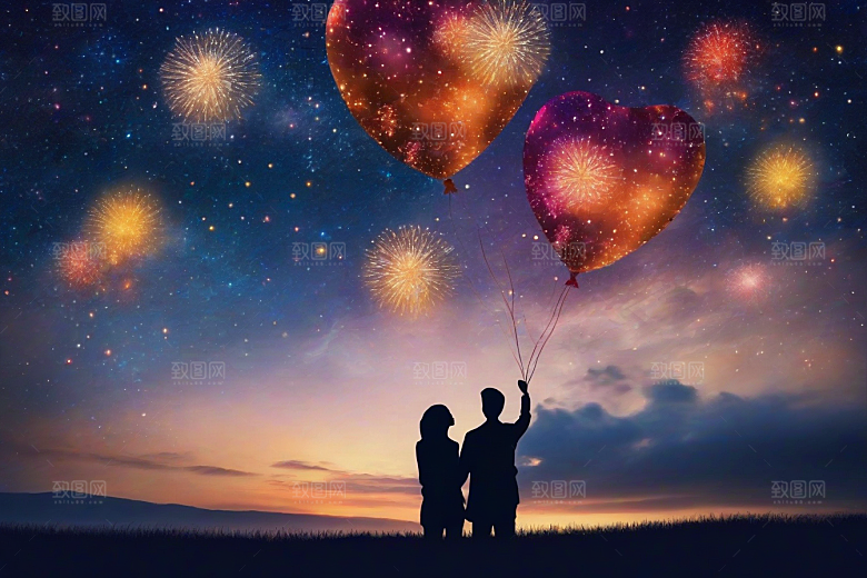 烟花灿烂浪漫夜空见证爱情