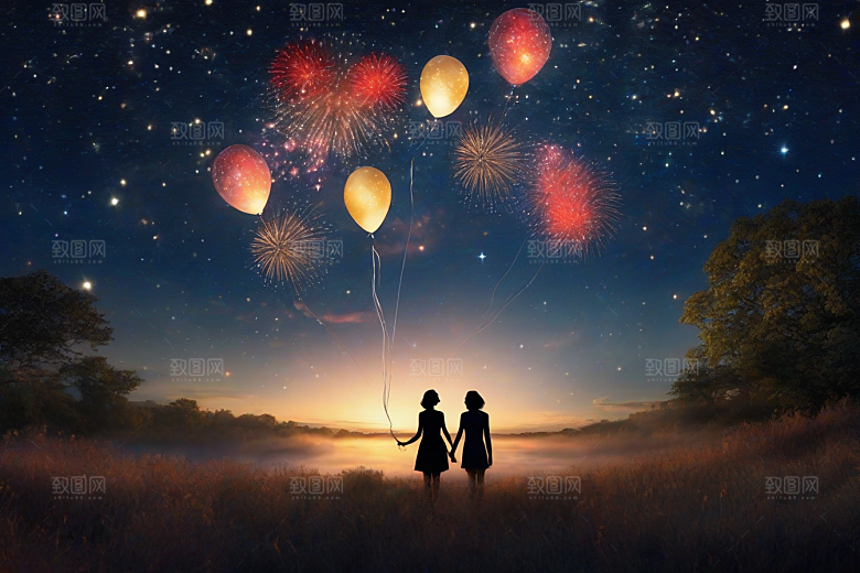 烟花灿烂浪漫夜空见证爱情