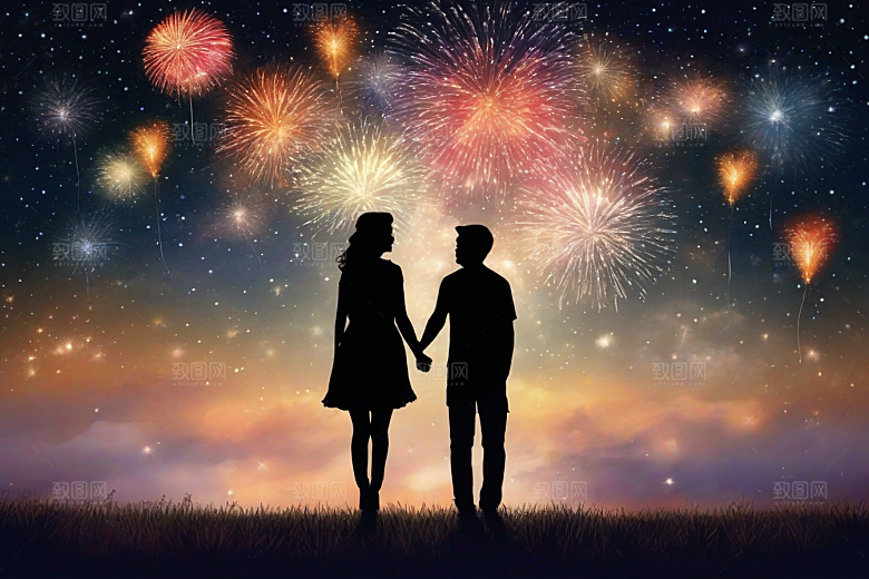 烟花灿烂浪漫夜空见证爱情