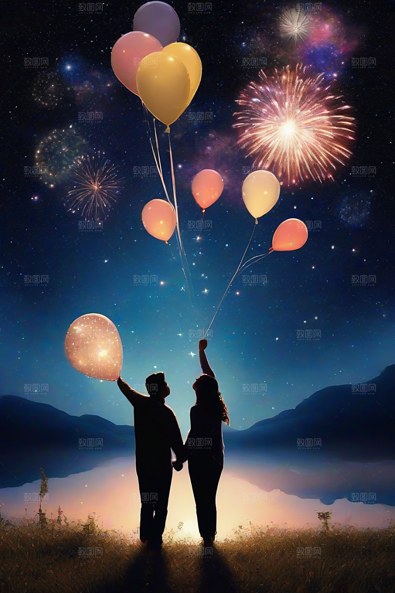 烟花点燃情侣欢度浪漫夜晚