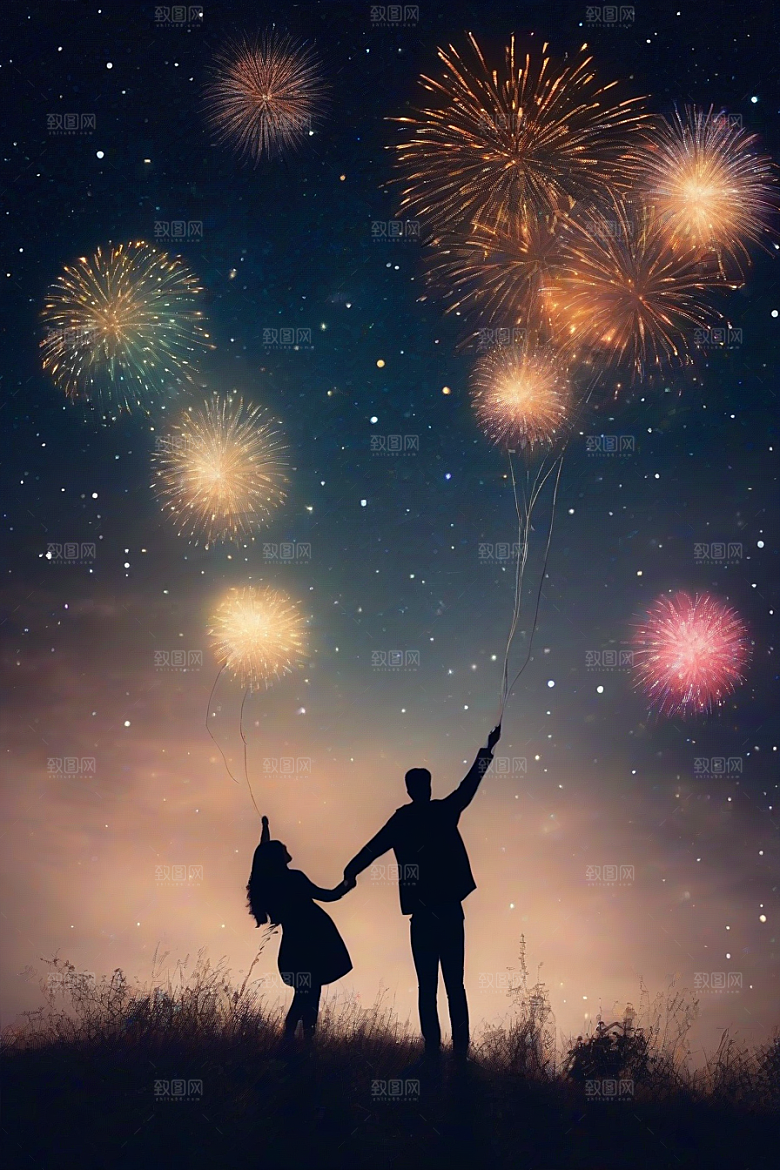爱情燃烧烟花绽放浪漫夜空