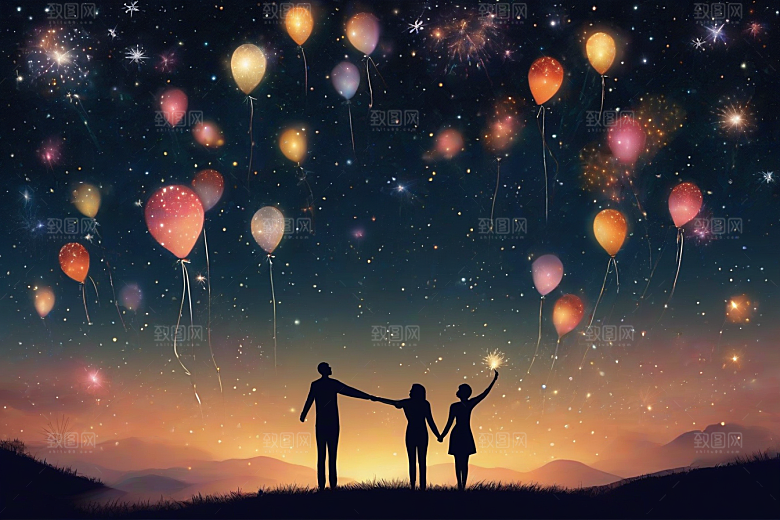 爱情燃烧烟花绽放浪漫夜空