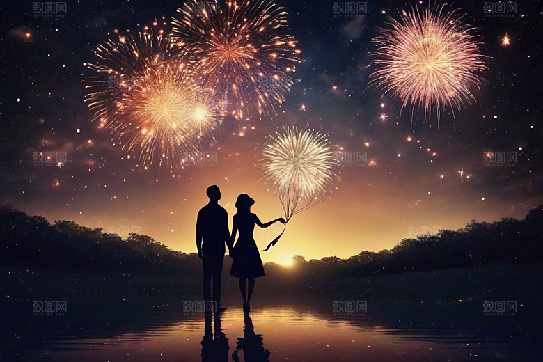 爱情燃烧烟花绽放浪漫夜空