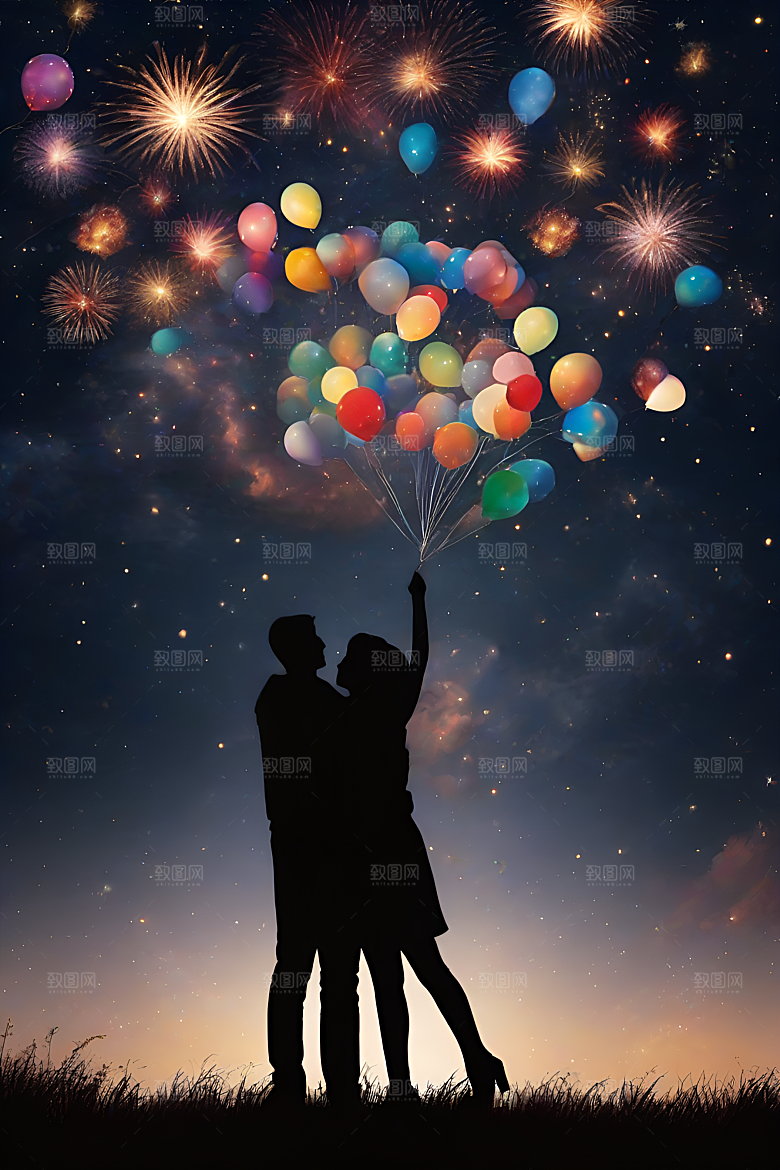 爱情燃烧烟花绽放浪漫夜空