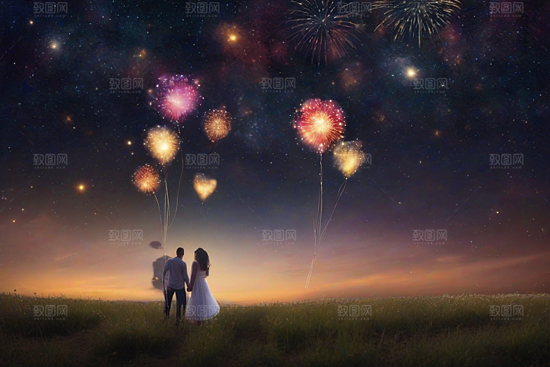 爱情燃烧烟花绽放浪漫夜空