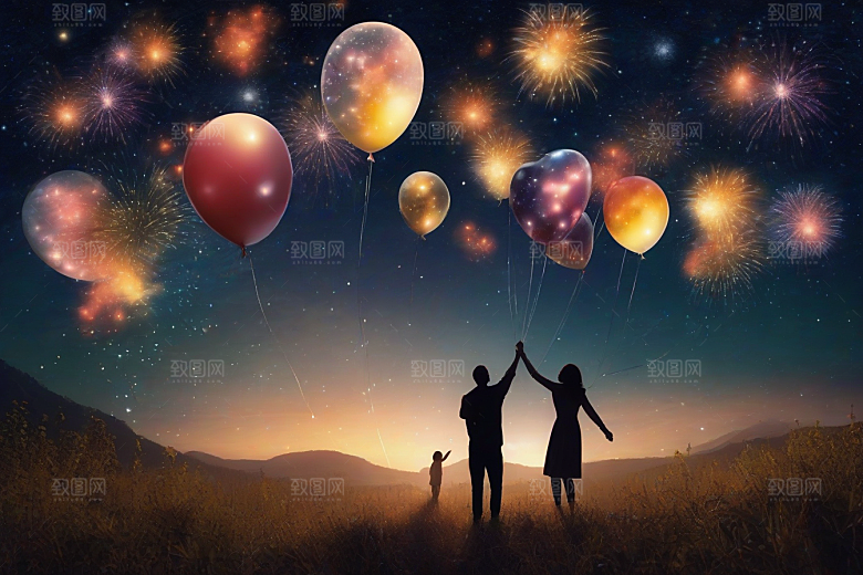 爱情燃烧烟花绽放浪漫夜空