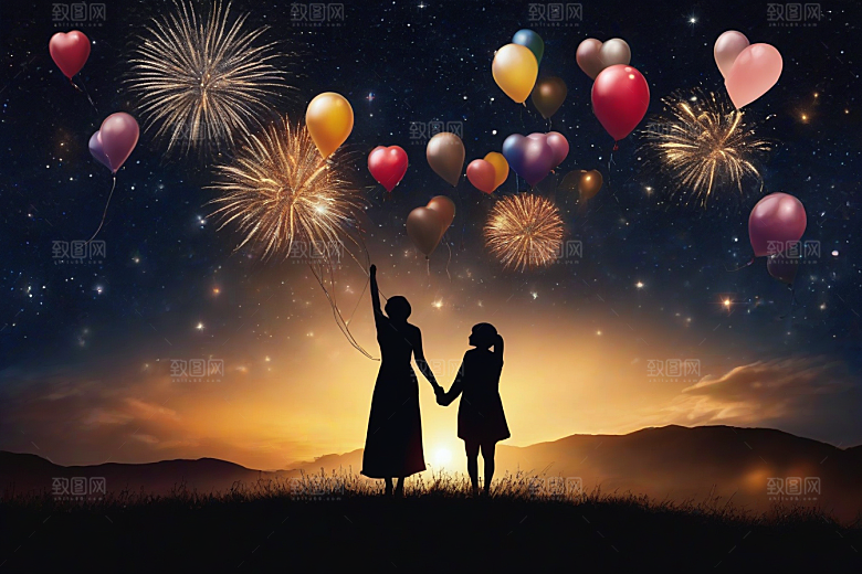 爱情燃烧烟花绽放浪漫夜空
