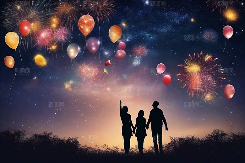 情侣眷恋烟花照亮浪漫星空