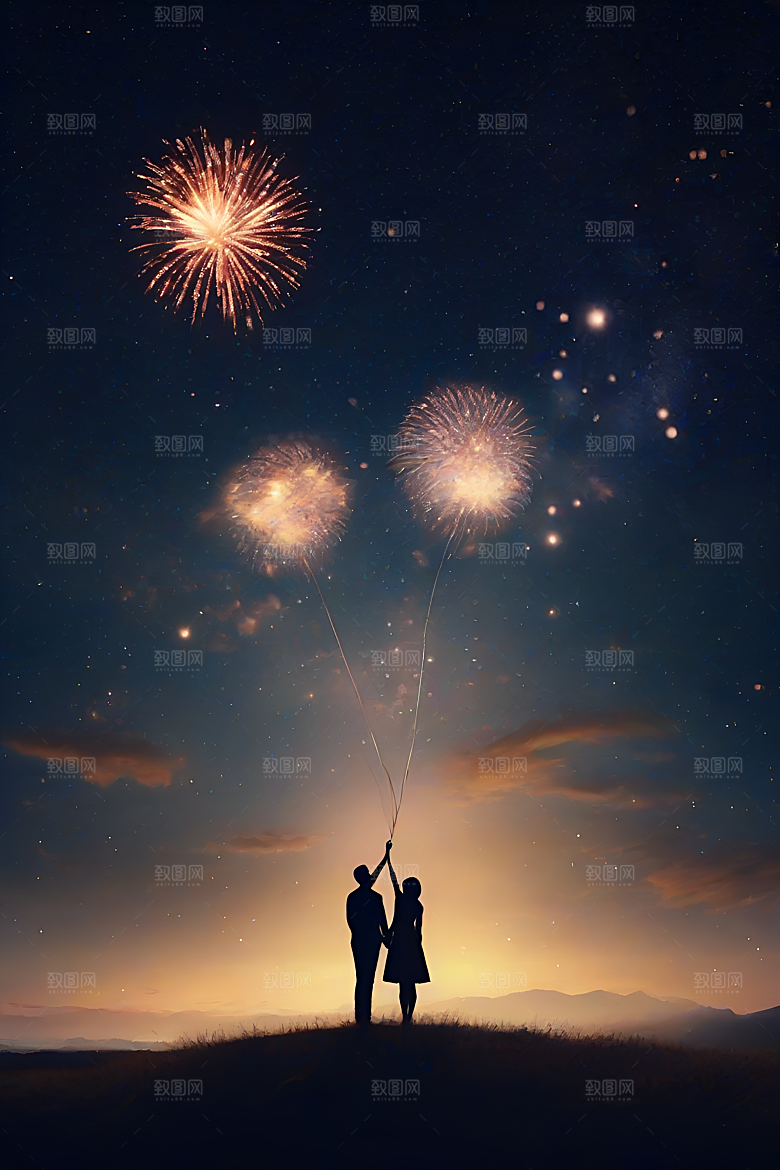 情侣眷恋烟花照亮浪漫星空