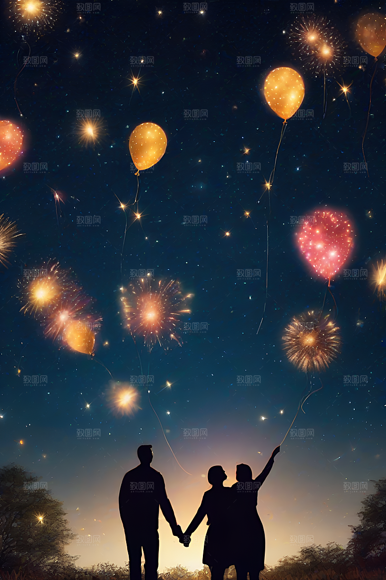 情侣眷恋烟花照亮浪漫星空