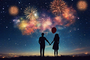 情侣眷恋烟花照亮浪漫星空